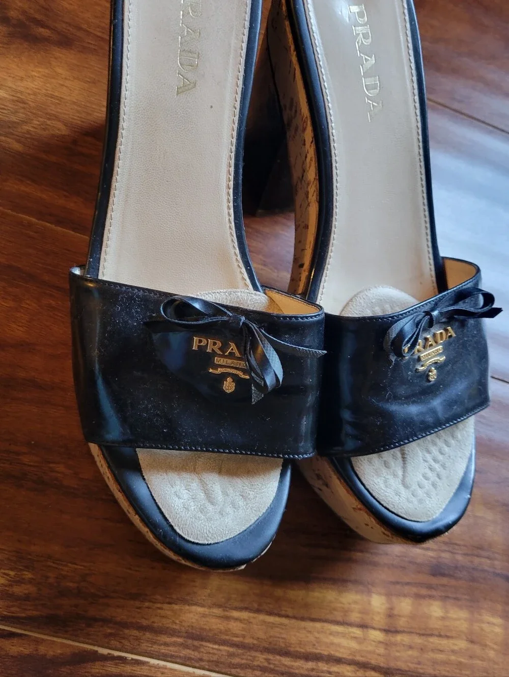 Prada Black Leather Cork Platform Mules with Bow